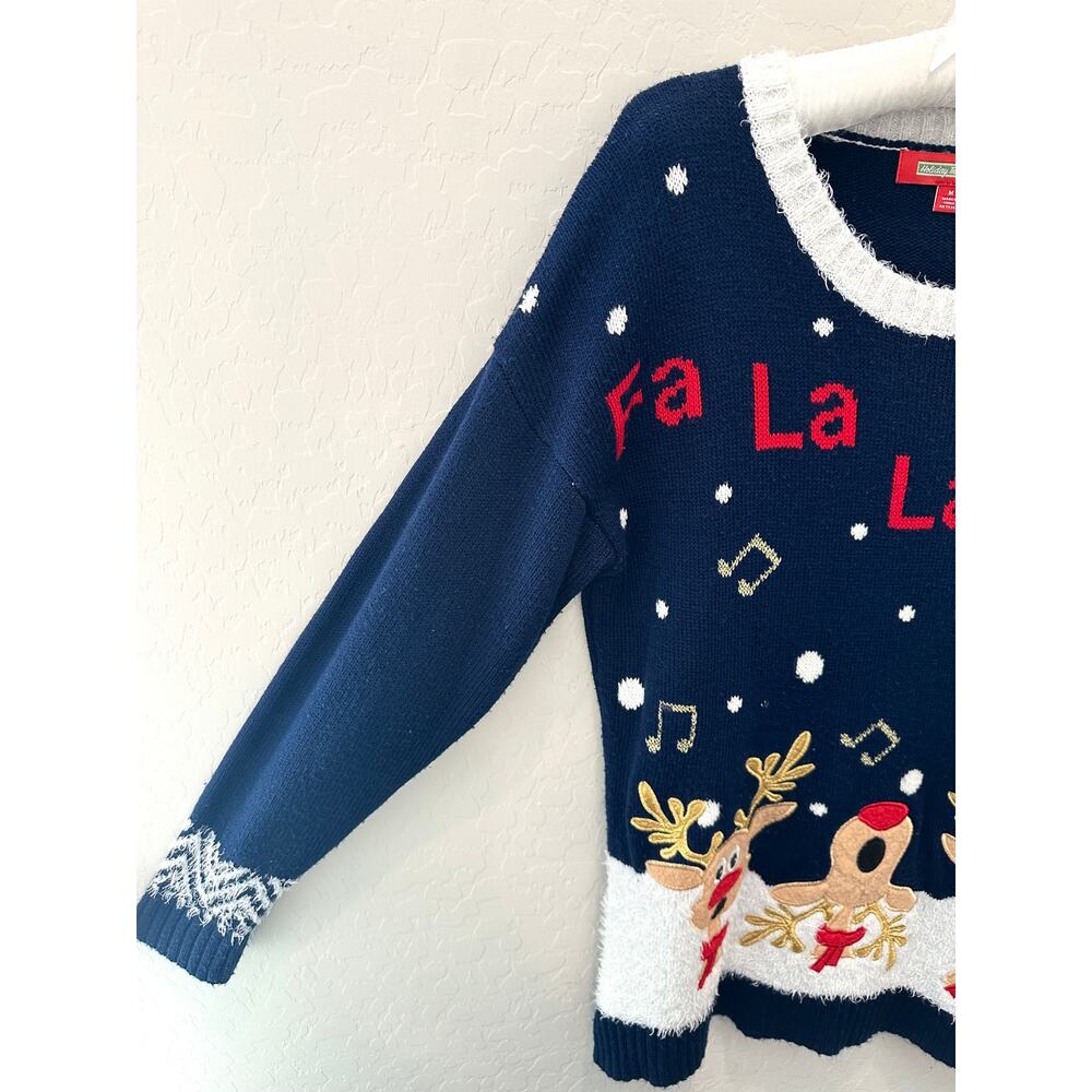 HOLIDAY TRADITIONS Navy Reindeer Ugly Christmas Sweater Medium Whimsical Granny - Picture 3 of 7